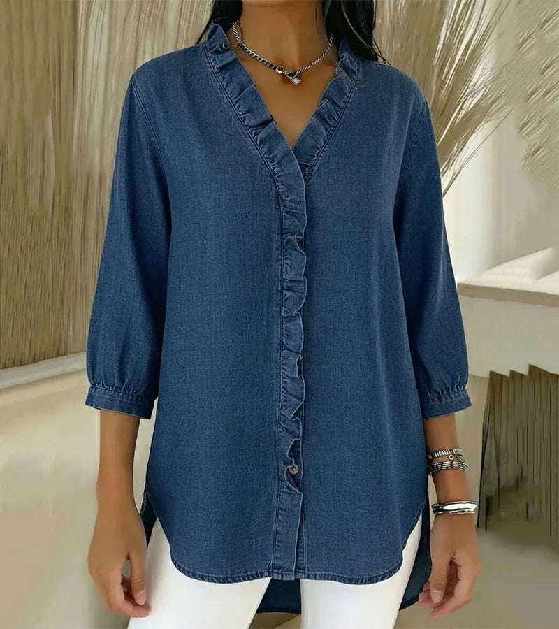 Clémence™ — Blouse fluide col V volanté